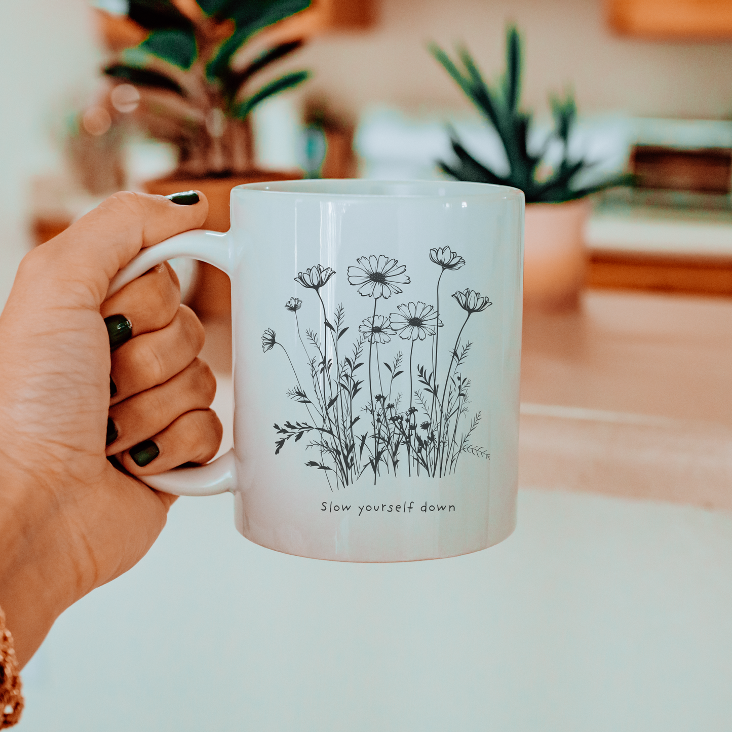 Slow Yourself Down Flower White glossy mug