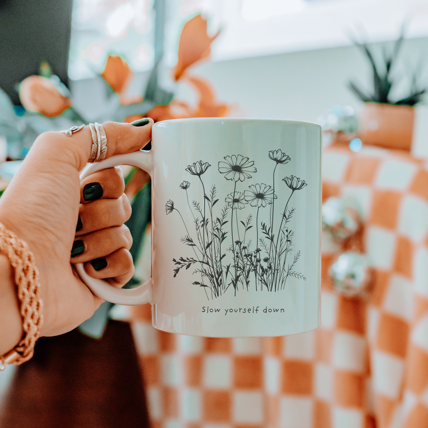 Slow Yourself Down Flower White glossy mug