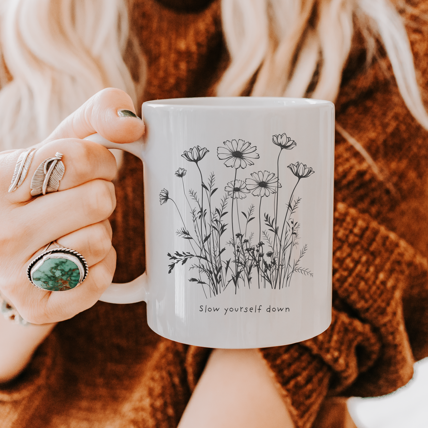 Slow Yourself Down Flower White glossy mug